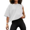 imageWomens Oversize Workout Crop Tops Casual Short Sleeve Drop Shoulder Boxy TShirts Roll Hem Basic Loose Yoga Running TeesWhite