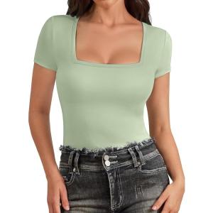 imageATHMILE Modal Short Sleeve Shirts for Women 2025 Fashion Square Neck Basics Slim Fitted TopsGrey Green