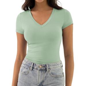 imageATHMILE Womens Deep V Neck Short Sleeve Slim Fit T Shirt Tops TeeGreygreen
