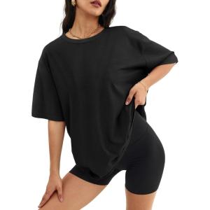 imageATHMILE Womens Oversized T Shirts Loose Fit Crewneck Short Sleeve Tops Summer Casual Blouse Y2K 2024 Basic TeeBlack