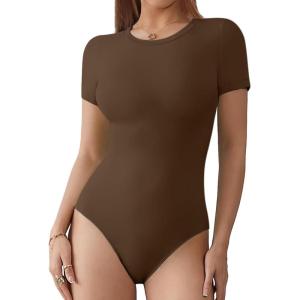 imageATHMILE Womens Round Neck Short Sleeve T Shirts Basic BodysuitsCoffee