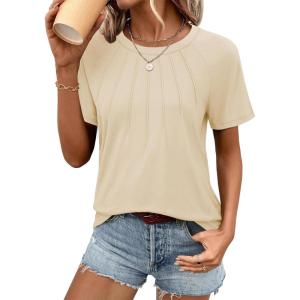 imageATHMILE Womens Short Sleeve Shirts Trendy Dressy Tops Business Casual Tee Fashion Knitted Blouses Y2k Outfits 2025Apricot