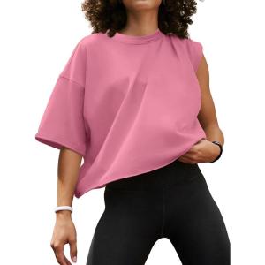 imageWomens Oversize Workout Crop Tops Casual Short Sleeve Drop Shoulder Boxy TShirts Roll Hem Basic Loose Yoga Running TeesPink