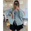 imageATHMILE Womens Tie Front Bow Cardigan Sweaters Chunky Knit Long Puff Sleeve Trendy Fall Winter Jacket Coats 2025Sky Blue