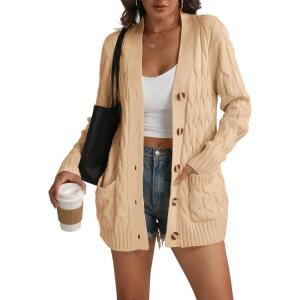 imageATHMILE Cardigan Sweaters for Women Fashion Chunky Cardigans 2025 Fall Outfits Womens Long Sleeve Cable Knit Button CoatsApricot