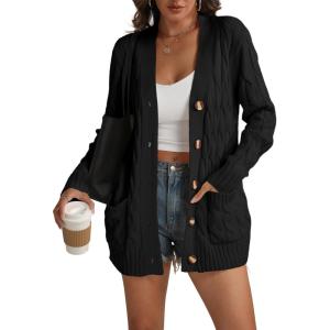 imageATHMILE Cardigan Sweaters for Women Fashion Chunky Cardigans 2025 Fall Outfits Womens Long Sleeve Cable Knit Button CoatsBlack