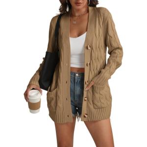imageATHMILE Cardigan Sweaters for Women Fashion Chunky Cardigans 2025 Fall Outfits Womens Long Sleeve Cable Knit Button CoatsKhaki