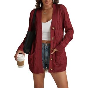 imageATHMILE Cardigan Sweaters for Women Fashion Chunky Cardigans 2025 Fall Outfits Womens Long Sleeve Cable Knit Button CoatsWine Red