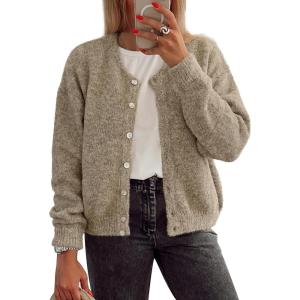 imageATHMILE Fall Long Sleeve Cardigans for Women Sweater Fashion Open Front Winter Button Down Crewneck Loose Knit Jacket 2025Khaki