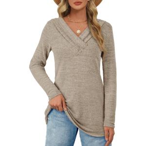 imageATHMILE Long Sleeve Shirts for Women Early Fall Fashion Tops 2025 Casual V Neck Button Blouses Tunic Tops for LeggingsKhaki