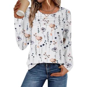 imageATHMILE Long Sleeve Shirts for Women Fall Fashion Tops 2025 Dressy Casual Blouses Trendy Pleated Tunic OutfitsFloral White