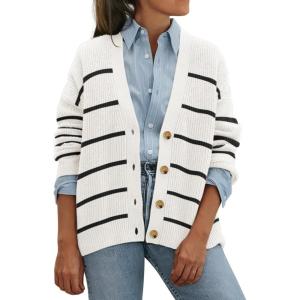 imageATHMILE Oversized Cardigan Sweaters for Women Lightweight Button VNeck Casual Open Front Knit Fall Outfits 2025Striped White