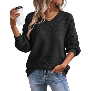 imageATHMILE Sweaters for Women Fall Outfits Oversized Long Sleeve V Neck Crochet Sweaters Lightweight Knit Pullover JumperBlack