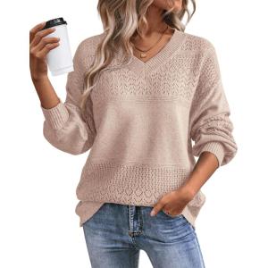 imageATHMILE Sweaters for Women Fall Outfits Oversized Long Sleeve V Neck Crochet Sweaters Lightweight Knit Pullover JumperDusty Pink