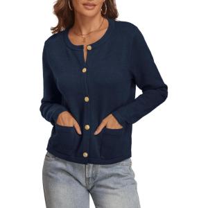 imageATHMILE Women Striped Cardigan Sweaters Button Down Cropped Fall Fashion Outfits Winter Clothes Knit Lady Jackets Coat 2025Navy Blue