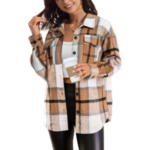 imageATHMILE Womens Casual Plaid Shacket Button Down Long Sleeve Shirt Fall Clothes for Women Tops SweaterApricot