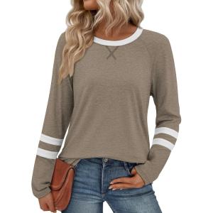 imageATHMILE Womens Long Sleeve Shirts Color Block Casual Crewneck Tops Tshirt Basic Tee Fall Fashion Clothes Trendy Outfits 2025Coffee Grey