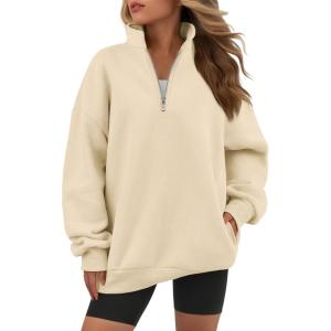 imageATHMILE Womens Oversized Sweatshirts Fall Fashion Hoodies Half Zip Fleece Pullover Long Sleeve Y2K Clothes with Side PocketsApricot