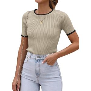 imageATHMILE Womens Ribbed Knit T Shirt Casual Crewneck Tops Short SleeveLong Sleeve Sweaters Slim Fit Basic TeesAlmondblackshort Sleeve