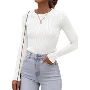 imageATHMILE Womens Ribbed Knit T Shirt Casual Crewneck Tops Short SleeveLong Sleeve Sweaters Slim Fit Basic TeesWhite