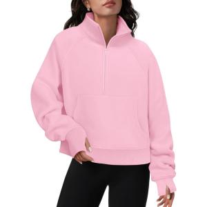 imageATHMILE Womens Sweatshirts Half Zip Cropped Pullover Fleece Quarter Zipper Hoodies Fall outfits Clothes Thumb HolePink