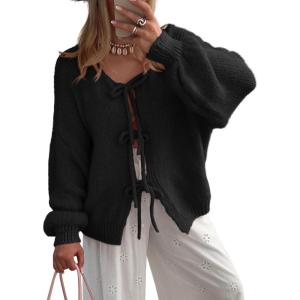 imageATHMILE Womens Tie Front Bow Cardigan Sweaters Chunky Knit Long Puff Sleeve Trendy Fall Winter Jacket Coats 2025Black