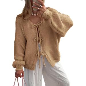 imageATHMILE Womens Tie Front Bow Cardigan Sweaters Chunky Knit Long Puff Sleeve Trendy Fall Winter Jacket Coats 2025Camel