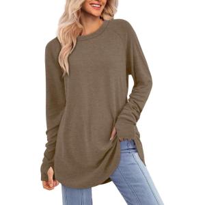 imageATHMILE Womens Tunic Tops to Wear with Leggings Fall Long Sleeve Thumb Hole Shirts Crew Neck Curved Hem Fashion Clothes 2025Coffee