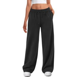imageATHMILE Womens Wide Leg Sweatpants High Waisted Baggy Interior Drawstring Joggers Straight Leg Sweat Pants with PocketsBlack