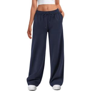 imageATHMILE Womens Wide Leg Sweatpants High Waisted Baggy Interior Drawstring Joggers Straight Leg Sweat Pants with PocketsNavy Blue