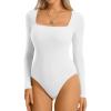 imageATHMILE Womens Square Neck Long Sleeve Bodysuit Ribbed Slim Fitted TopsWhite