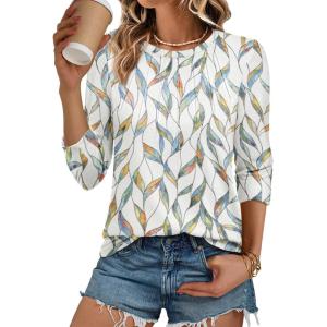 imageATHMILE 34 Length Sleeve Womens Tunic Tops Round Neck Casual Basic Pleated Shirts Loose Fit 2025Colorful Leaf