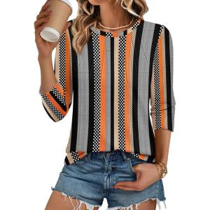 imageATHMILE 34 Length Sleeve Womens Tunic Tops Round Neck Casual Basic Pleated Shirts Loose Fit 2025Khaki Stripe