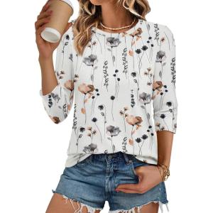 imageATHMILE 34 Length Sleeve Womens Tunic Tops Round Neck Casual Basic Pleated Shirts Loose Fit 2025White Floral