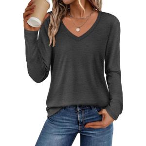 imageATHMILE Womens 2025 Fall Long Sleeve Shirts Basic Apparel Shirts Trendy V Neck Tshirt for Women Curved Hem TopsBlack Grey