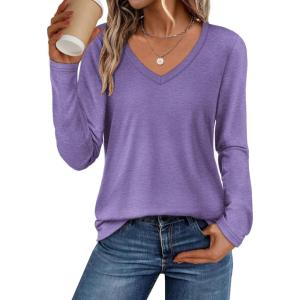 imageATHMILE Womens 2025 Fall Long Sleeve Shirts Basic Apparel Shirts Trendy V Neck Tshirt for Women Curved Hem TopsPurple