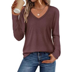 imageATHMILE Womens 2025 Fall Long Sleeve Shirts Basic Apparel Shirts Trendy V Neck Tshirt for Women Curved Hem TopsWine Red