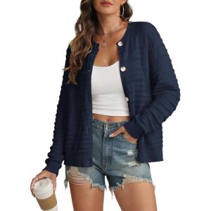 imageATHMILE Womens Cardigan Sweaters Casual Long Sleeve Button Down Crewneck Casual Knit Cropped Fall Winter Jackets ClothesDark Blue