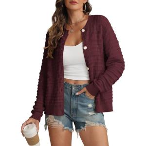 imageATHMILE Womens Cardigan Sweaters Casual Long Sleeve Button Down Crewneck Casual Knit Cropped Fall Winter Jackets ClothesWine Red