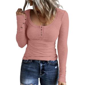 imageATHMILE Womens Long Sleeve Henley T Shirts Button Down Slim Fit Tops Scoop Neck Ribbed Knit Shirts Pink