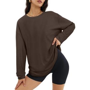 imageATHMILE Womens Oversized Long Sleeve T Shirts Basic Crewneck Tee Fall Tops Casual Workout Fashion Casual Y2K ClothesBrown