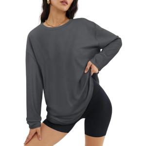 imageATHMILE Womens Oversized Long Sleeve T Shirts Basic Crewneck Tee Fall Tops Casual Workout Fashion Casual Y2K ClothesDeep Grey