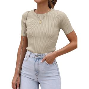 imageATHMILE Womens Ribbed Knit T Shirt Casual Crewneck Tops Short SleeveLong Sleeve Sweaters Slim Fit Basic TeesAlmondshort Sleeve