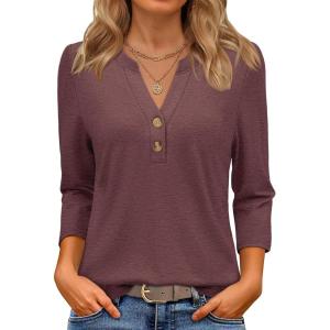 imageATHMILE Womens Tops 34 Length Sleeve Button Down Henley Shirts Business Casual Outfits Fashion BlousesBurgundy