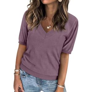 imageATHMILE Short Sleeve V Neck Sweaters Dressy Casual Blouses Lightweight Thin Knit Fashion Shirts Summer Tops for WomenGrey Purple