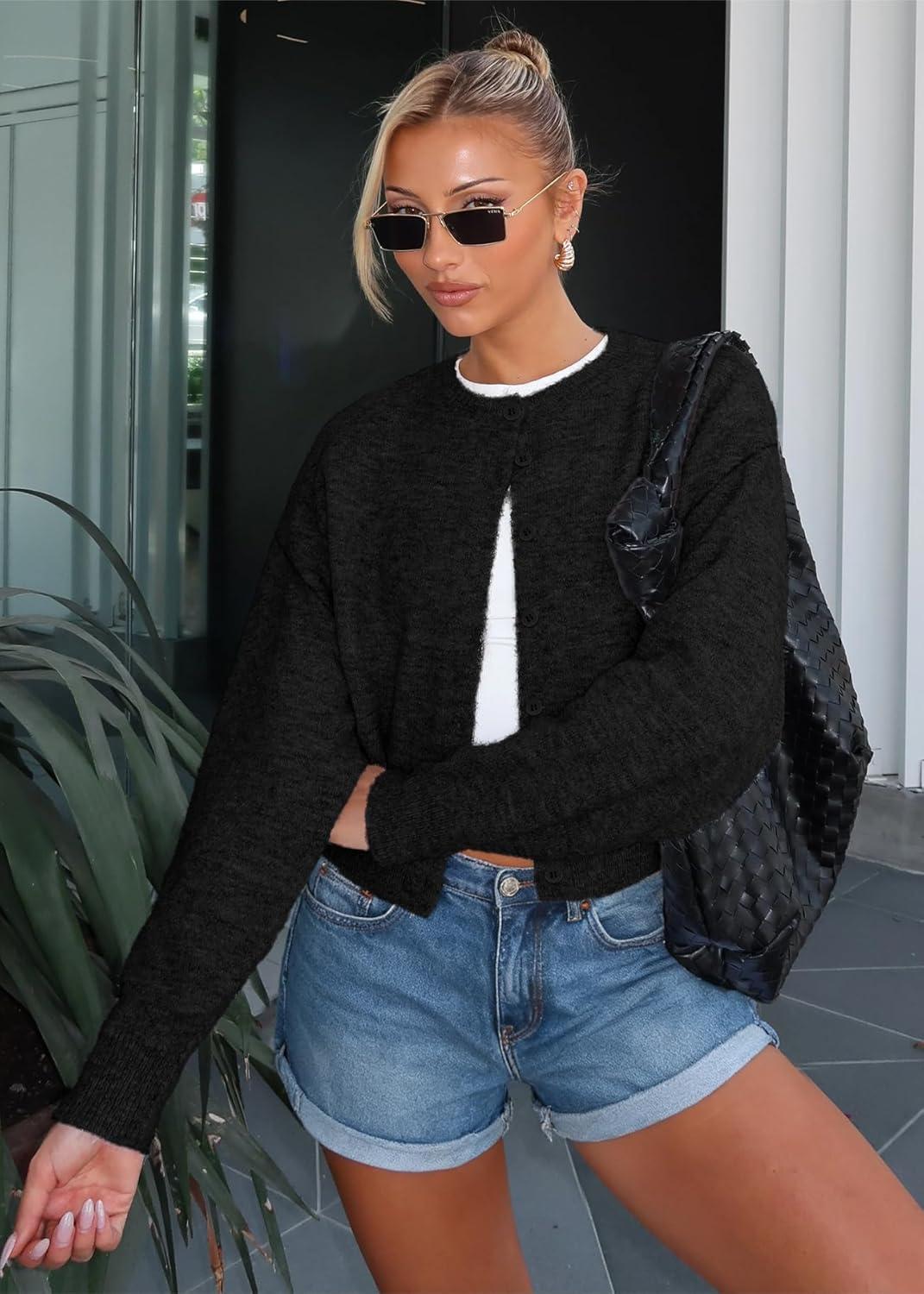 imageATHMILE Cropped Cardigan Sweaters for Women Lightweight Crop Knit Y2k Fall Outfits Fashion Clothes 2025Black