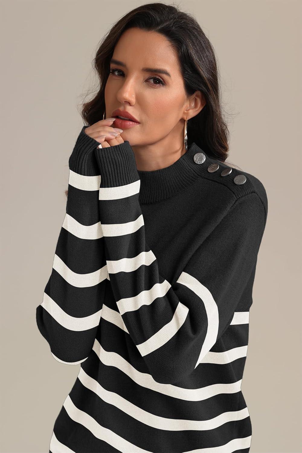imageATHMILE Fall Mock Neck Striped Sweaters for Women 2025 Winter Turtleneck Long Sleeve Knit Sweater Fashion Pullover TopsBlack