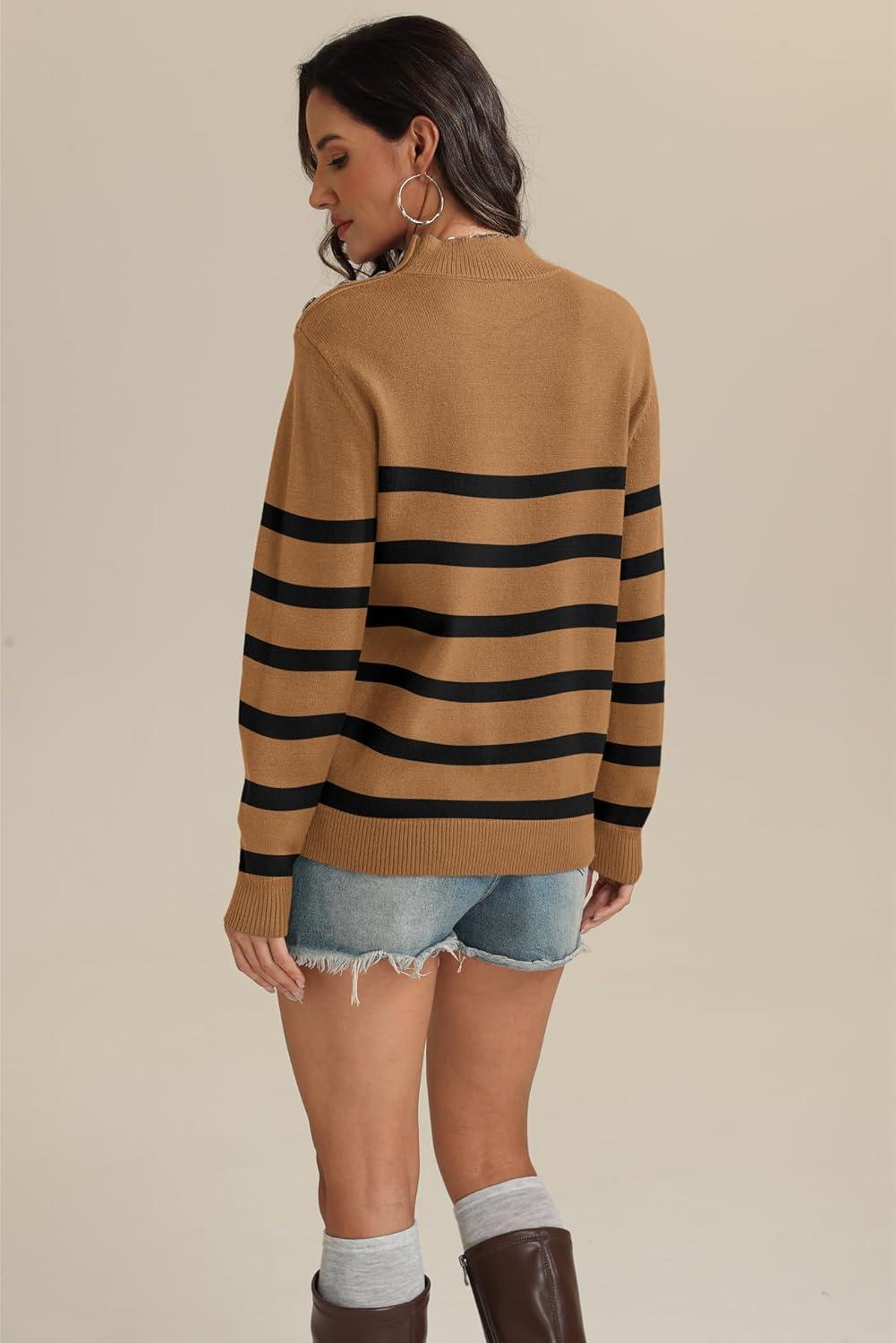 imageATHMILE Fall Mock Neck Striped Sweaters for Women 2025 Winter Turtleneck Long Sleeve Knit Sweater Fashion Pullover TopsKhaki