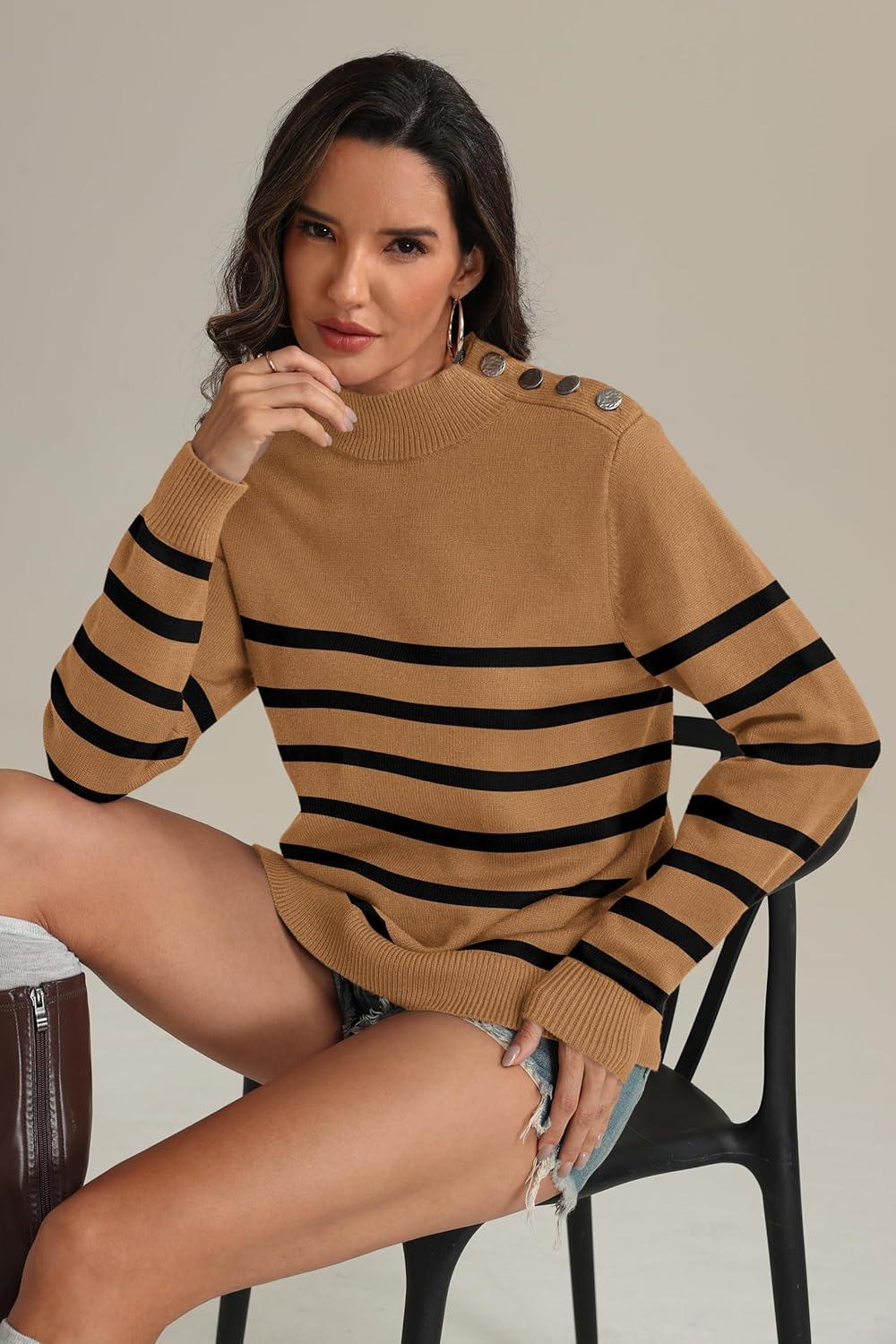 imageATHMILE Fall Mock Neck Striped Sweaters for Women 2025 Winter Turtleneck Long Sleeve Knit Sweater Fashion Pullover TopsKhaki