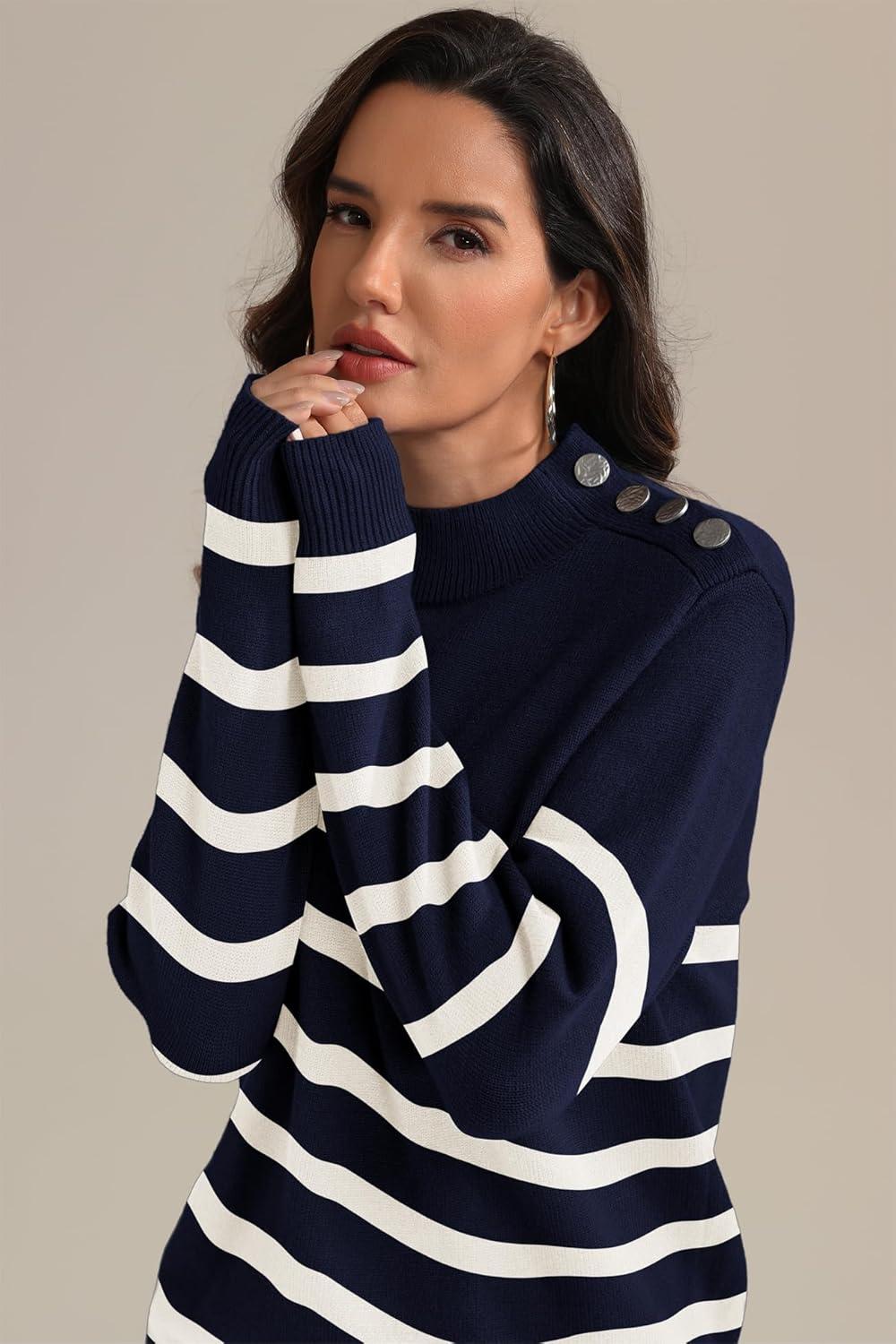 imageATHMILE Fall Mock Neck Striped Sweaters for Women 2025 Winter Turtleneck Long Sleeve Knit Sweater Fashion Pullover TopsNavy